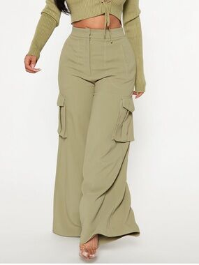 Olive High-Waist Wide Leg Cargo Pants